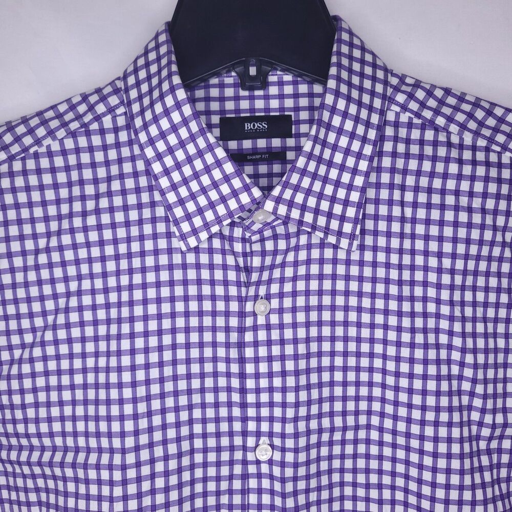 Hugo Boss Dress Shirt Mens 17 Check Purple, White 34/35 Sharp Fit